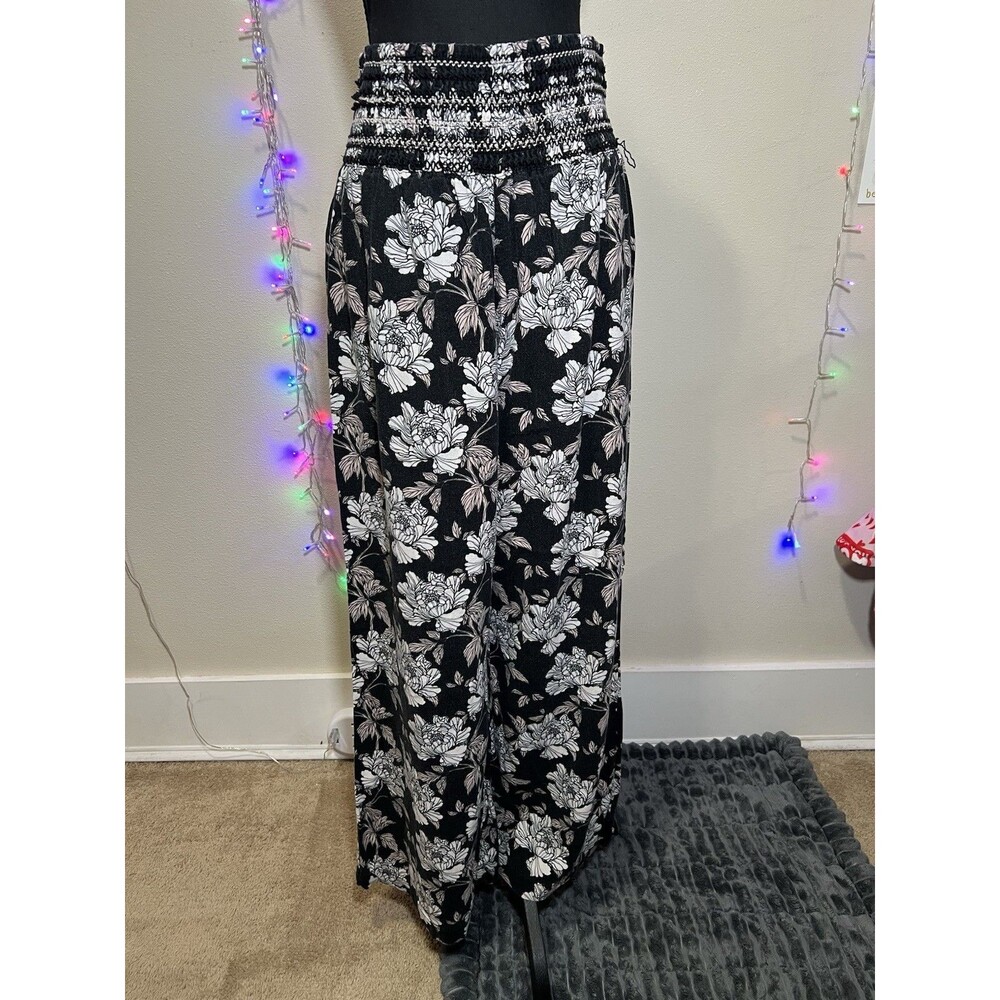 Dahui Hawaii L Tropical Linen Blend Wide Leg Pull-On Pants Smocked Waist Resort
